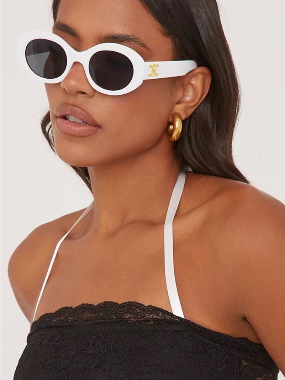 Triomphe White Oval Frame Sunglasses with Gold Accent